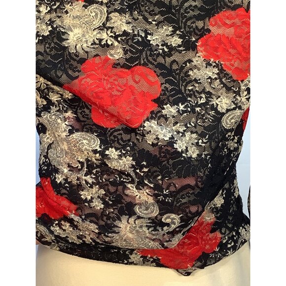 Y2K Babydoll Top Womens M (est) Black Red Rose Lace Sheer Fairy Whimsy Goth - Picture 5 of 7